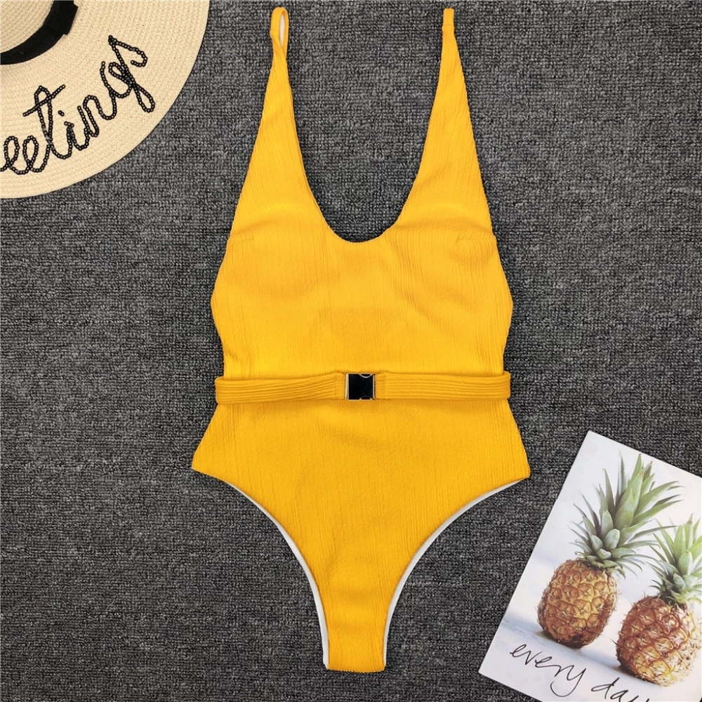 New Ribbed Deep V-neck Belted One Piece Swimsuit - Picture 5 of 6